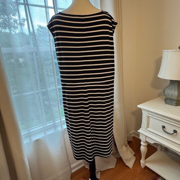 Loft Striped Side Shirred Midi Dress Black and White Size XL - Picture 3 of 8